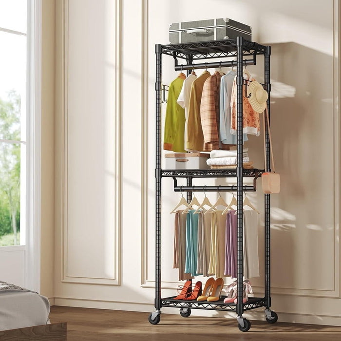 Bigleap 23" Rolling Garment Rack with Wheels, 360° Lockable Clothing Rack, Double Rods & Side Hooks, Adjustable Freestanding Clothes Organizer for Bedroom, Laundry, Retail,Black