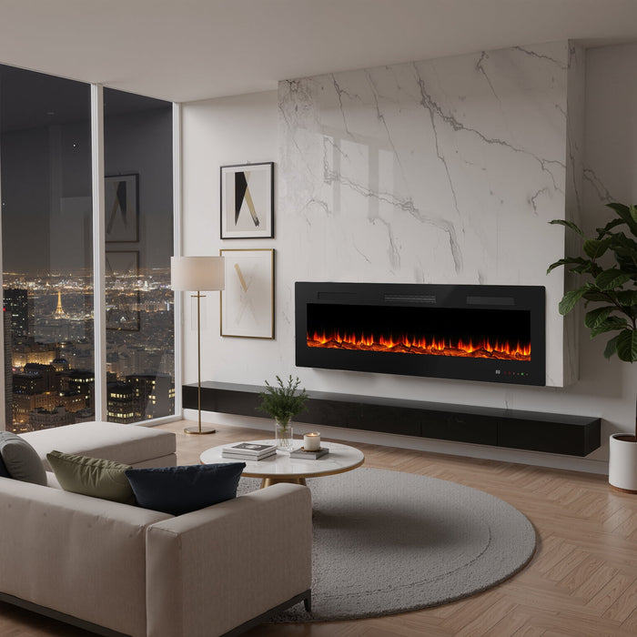 Blorly Electric Fireplace, 60" Fireplace Heater with Remote, Adjustable Flame Color with Timer, Touch Screen, 1500W/750W Wall Mounted, Recessed Insert, Freestanding