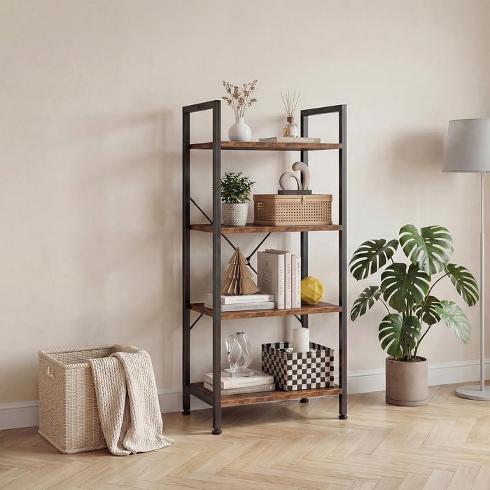Blorly Bookshelf, 4 Tier Industrial Storage Shelf, Multi-Functional Metal & Wooden Bookcase for Living Room, Kitchen, Easy Assembly,Rust