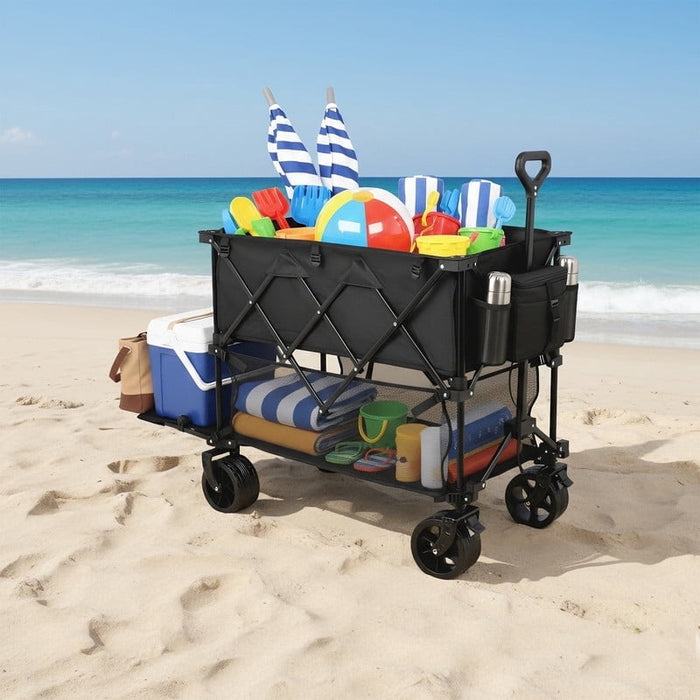 Betcozy Upgraded Double Decker Folding Wagon, 320L Large 2-Tier Utility Cart with 440lbs Capacity, Collapsible Wagon with Lower Shelf for Fishing & Outdoor Gear, Black