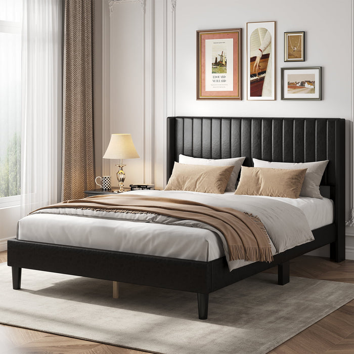 Blorly Upholstered Bed Frame with Wingback Headboard, Heavy Duty Vertical Channel Platform Bedframe, Faux Leather Mattress Foundation, No Box Spring Needed, Queen