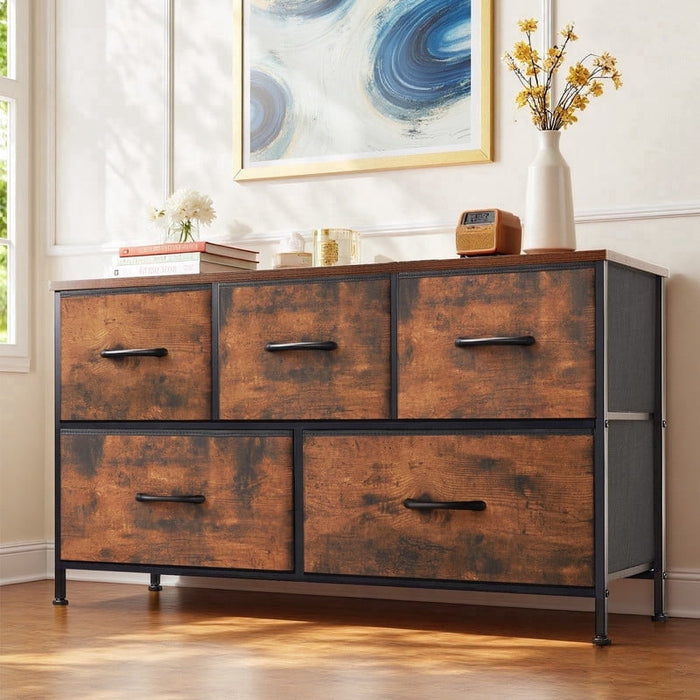 Ethovia 5-Drawer Fabric Storage Dresser, Sturdy Steel Frame with Wooden Tabletop, Wide Foldable Bins, Perfect for Bedroom, Hallway, and Entryway, Rustic