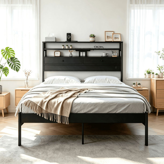 Taoset Queen Bed Frame with LED Lights & Charging Station, Heavy-Duty Metal Bedframe with Headboard, Storage Drawers, Under Bed Storage for Bedroom, No Box Spring Needed, Black
