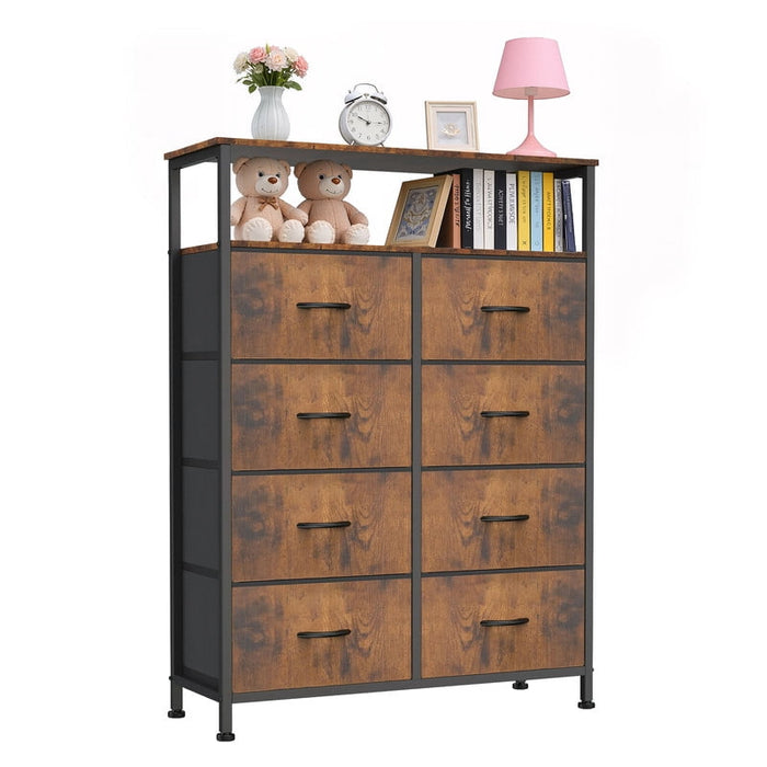 Simenmax 8-Drawer Fabric Dresser, Tall Vertical Chest of Drawers with Raised Shelf, Heavy-Duty Metal Frame Storage Tower with Fabric Bins for Closet, Hallway, Entryway,Brown