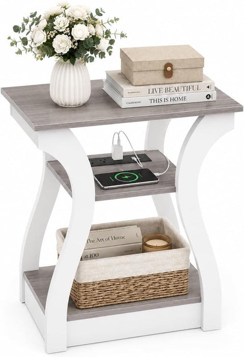 Simenmax 3-Tier Nightstand with Charging Station, White Narrow End Table for Bedroom, Small Space Side Table with Storage Shelf