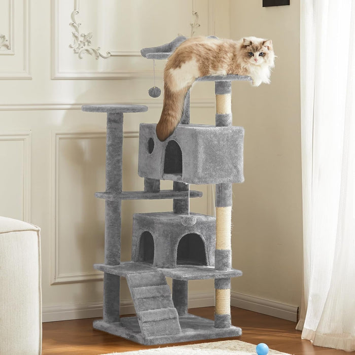 Blorly Cat Tree, 54-Inch Cat Tower with Sisal Scratching Post, Multi-Level Plush Cat Tree with Climbing Ladder, Light Gray