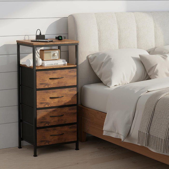 Blorly Smart Nightstand with LED Lights & Charging Station | Remote App Control Bedside Table | 2 AC Outlets, USB-C Port, 4 Drawer Storage | Modern End Table for Bedroom, Rust