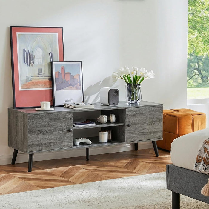 Blorly Mid-Century Modern TV Stand for TVs up to 60", Wood Entertainment Center with Storage Cabinets and Open Shelves, Gray