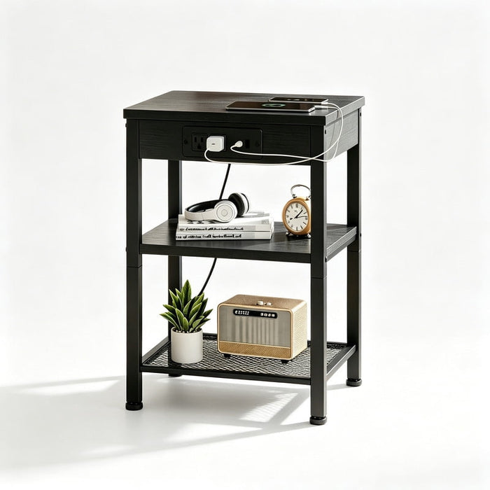 Betcozy Smart Wood Side Table, Bedside Nightstand with Power Outlet and USB Ports, 3-Tier Strusture with Mesh Shelf for Bedroom, for Living Room, Small Spaces Dorm, Black Wood Grain
