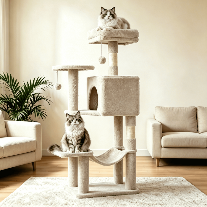 Taoset 44-Inch Cat Tree, Beige Cat Tower with Sisal Scratching Post, Multi-Level Plush Pet' Toy Tree with Climbing Ladder