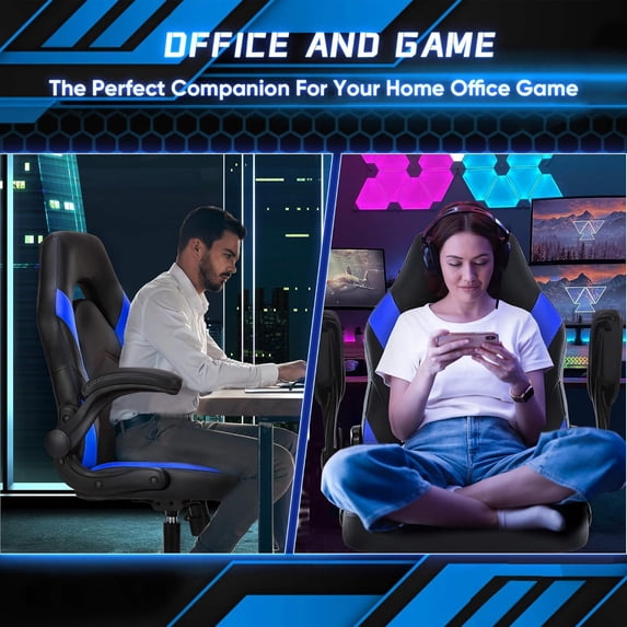 Ergonomic Gaming Chair, High Back PU Leather Computer Desk Chair with Lumbar Support, Flip-up Armrests & Adjustable Height