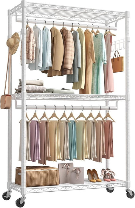 Simenmax 47'' Clothes Rack with Wheels, 360° Lockable Rolling Garment Rack, Double Rods & Side Hooks Freestanding Closet Organizer,White