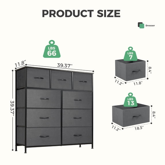 Aidoly 9-Drawer Dresser with Wooden Top, Adjustable Feet, Sturdy Metal Frame Dressers for Bedroom, Living Room