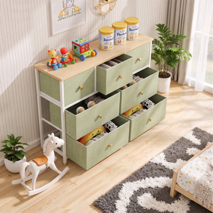 Betcozy 7-Drawer Fabric Dresser, Horizontal TV Stand & Main Bedroom Clothes Storage Unit, Metal Frame with Wooden Top, Light Green