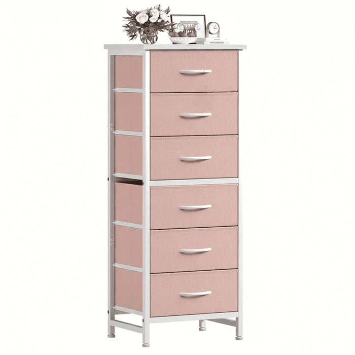 Nextay 6-Drawer Slim Dresser, Fabric Storage Tower for Bedroom & Entryway, Sturdy Steel Frame & Wood Top for Small Spaces,Pink