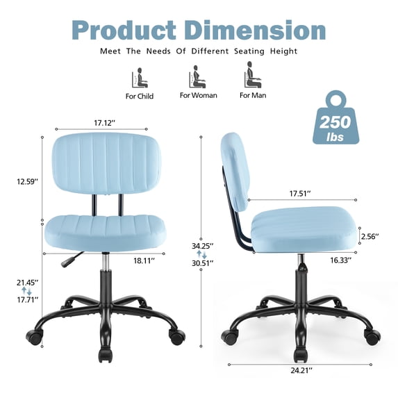Armless Office Desk Chair, PU Leather Ergonomic Task Chair with Low Back Lumbar Support, Height Adjustable Swivel Computer Chair for Home Office