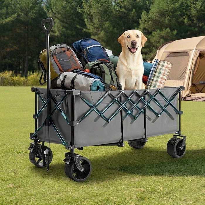 Betcozy Extended Foldable Wagon with 48" Cargo Platform, 440lbs Heavy Duty Collapsible Utility Cart, All Terrain Beach Wagon with Brakes for Camping & Pets, Gray