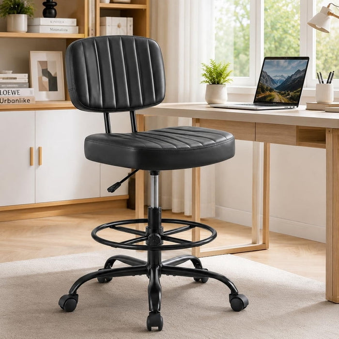 Simenmax Tall Office Chair, Low Back Drafting Chair PU Leather Standing Desk Chair with Footrest Ring, Swivel Rolling Stool for Studio, Lab, Counter, Small Spaces, Black