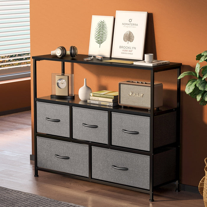 Ethovia 5-Drawer Fabric Dresser & TV Stand, Entertainment Center for 45-Inch TV with Open Shelf and Adjustable Feet, for Bedroom and Living Room, Gray
