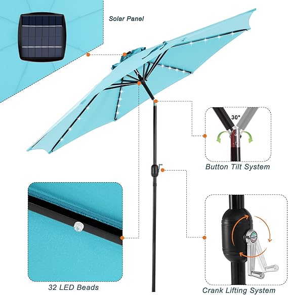 TINKLE WELL 10FT Solar Patio Umbrella with 32 LED Lights, Push Button Tilt & Crank, 8 Sturdy Ribs for Pool, Beach & Restaurant