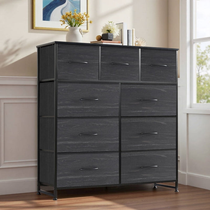 Ethovia 9-Drawer Fabric Storage Dresser, Sturdy Steel Frame with Wooden Tabletop, Wide Foldable Bins, Perfect for Bedroom, Hallway, and Entryway, Black-WOOD