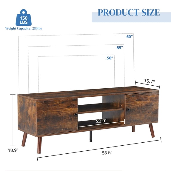 Parcus TV Stand for 55-60 inch TVs, Mid-Century Modern Entertainment Center with Storage, Wood Media Console