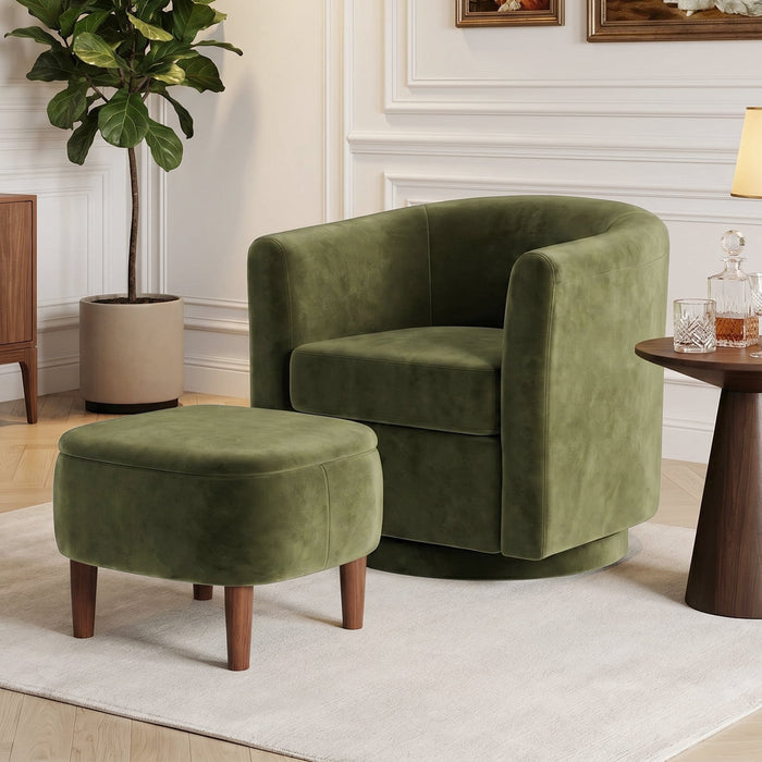 Modern Swivel Chair with Storage Ottoman, Plush Cylindrical Armchair Set, Minimalist Style, Perfect for Living Room, Reading Room and Bedroom, Green
