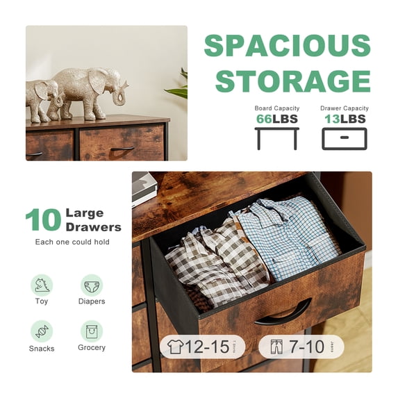 Aidoly Dresser for Bedroom, 10 Storage Drawers, Anti-Tip Tall Fabric Closet Chests Organizer Tower Furniture with Wooden Top Metal Frame for Living Room, Hallway, Entryway
