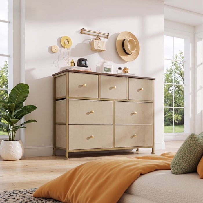 Betcozy 7-Drawer Fabric Dresser, Horizontal TV Stand & Main Bedroom Clothes Storage Unit, Metal Frame with Wooden Top, Khaki
