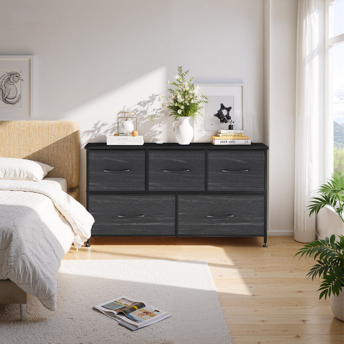 Betcozy Dresser, Storage Organizer with 5 Drawers for Bedroom, Chest of Drawers with Fabric Bins, Sturdy Metal Frame, Wood Tabletop, Black