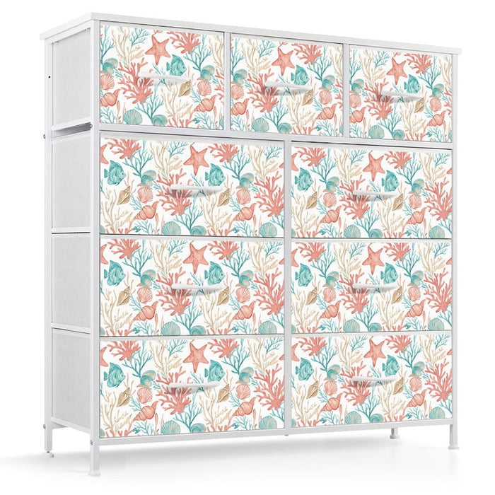 Taoset Fabric Dresser with 9 Drawers, Ocean Coral Coastal Print Storage Cabinet