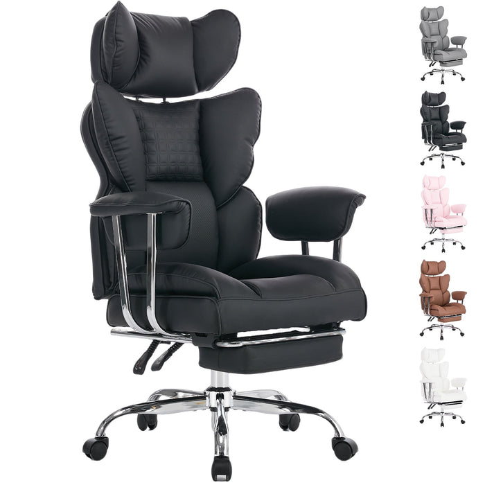 Big and Tall Office Chair, 350lbs Heavy Duty Ergonomic Reclining Desk Chair with Footrest, Fixed Padded Arms, High Back Leather Executive Computer Chair for Home Office, Black