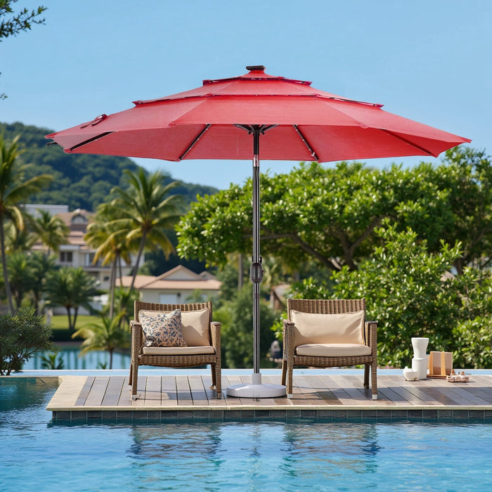 Taoset 9.2FT 3-Tier Patio Outdoor Umbrella,Solar 32 LED Lighted Table Market Umbrella with Tilt Adjustment, Easy Crank,for Garden, Deck, Backyard, Pool and Beach,Red