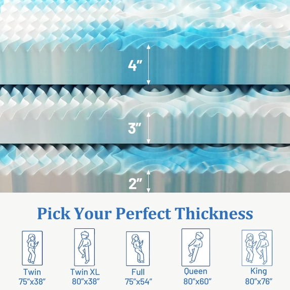 Beddle 2/3/4" Mattress Topper, Cooling Gel CertiPUR-US Memory Foam, Pressure Relief