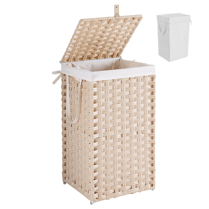 Taoset 65L Laundry Hamper with Lid, Wicker-Style Clothes Basket with Side Handles for Bedroom, Bathroom and Laundry Room, Natural Wood