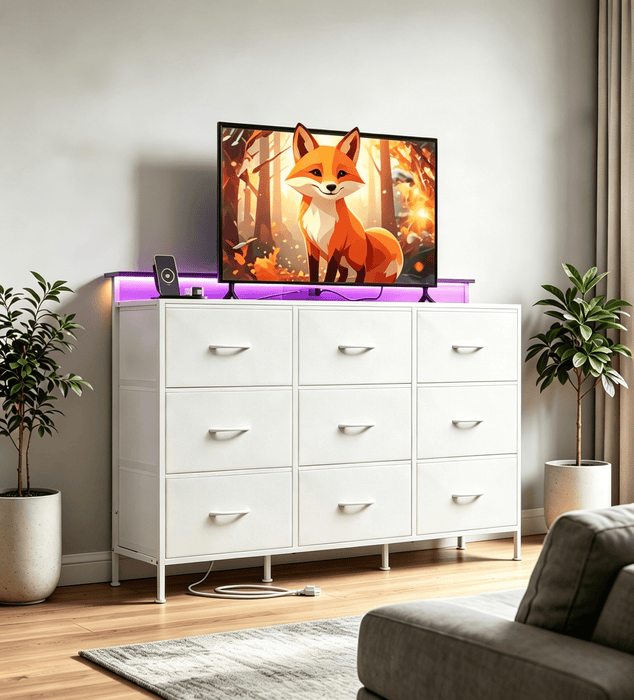 Betcozy 9 Drawer TV Stand with LED Lights & Power Outlet, 35" Tall Dresser for Bedroom & Living Room, Entertainment Center with Charging Station, 1.5mm Heavy-Duty Frame Storage Tower, White