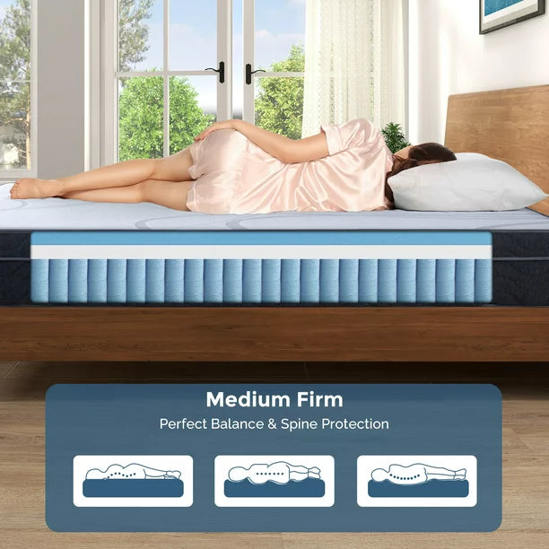 Queen Mattress 10 Inch Hybrid Mattress in a box, Gel Memory Foam and Spring Mattress Support and Pressure Relief , Medium Firmness, Made in USA, White