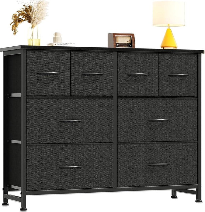 Simenmax TV Stand with 8 Drawers, Black Dresser with Wood Top Fabric Chest of Drawers for Bedroom, Closet, Living Room, Entryway