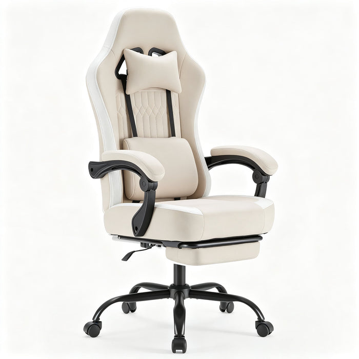 Taoset Gaming Chair with Retractable Footrest, PU Leather Chair with Headrest & Lumbar Pillow, for Gaming Room, Khaki