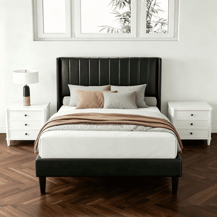 Taoset Twin Bed Frames with Headboard, PU Leather Upholstered Platform Bed with Wood Slats 500 lbs Support , Noise Free, No Box Spring Needed, Black