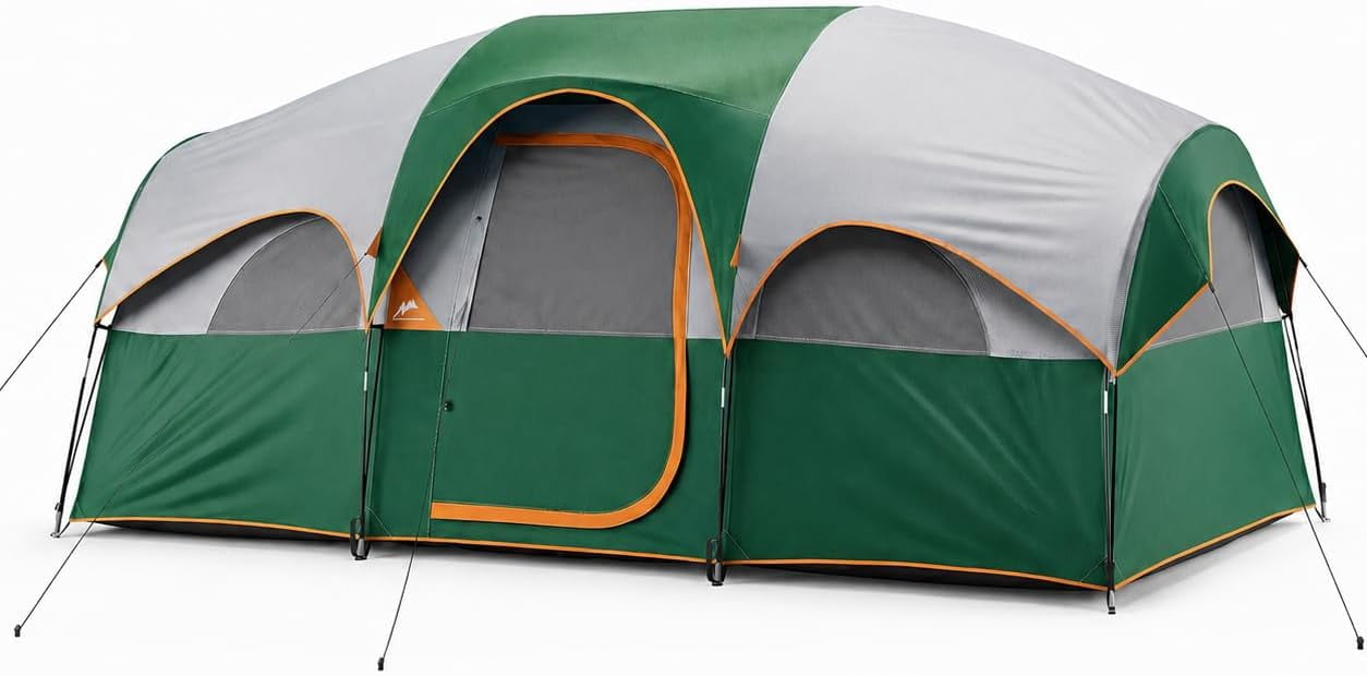 Betcozy Heavy Duty Camping Tent 8 Person, All-Weather Waterproof Cabin Tent with Reinforced Steel Poles, Quick Assembly Instant Family Tent, High-Ventilation Mesh Windows for Hiking, Fishing, Outdoor, Green
