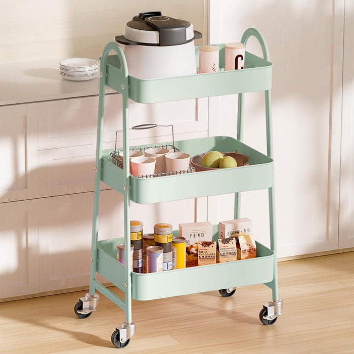 Bigleap Rolling Utility Cart, 3-Tier Metal Storage Trolley with Handle and Lockable Wheels, Multifunctional Organizer for Office, Kitchen, Living Room, Bathroom,Green