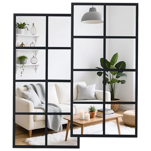 Blorly Windowpane Full Length Mirror,2 Pcs HD Grid Wall Mounted Mirror, Modern Metal Frame Decorative Accent Mirror for Bedroom Bathroom Living Room Entryway, 16" x32", Black