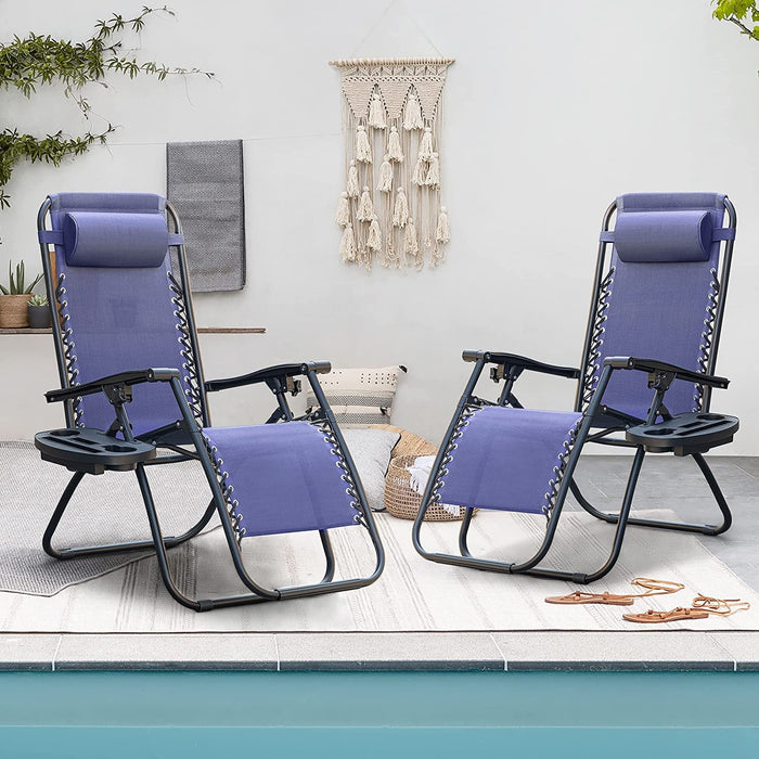 Betcozy Zero Gravity Chairs, 2 PCS Outdoor Patio Folding Lawn Chair, Reclining Lounger with Cup Holder Pillows for Camp, Poolside Backyard and Beach, Blue