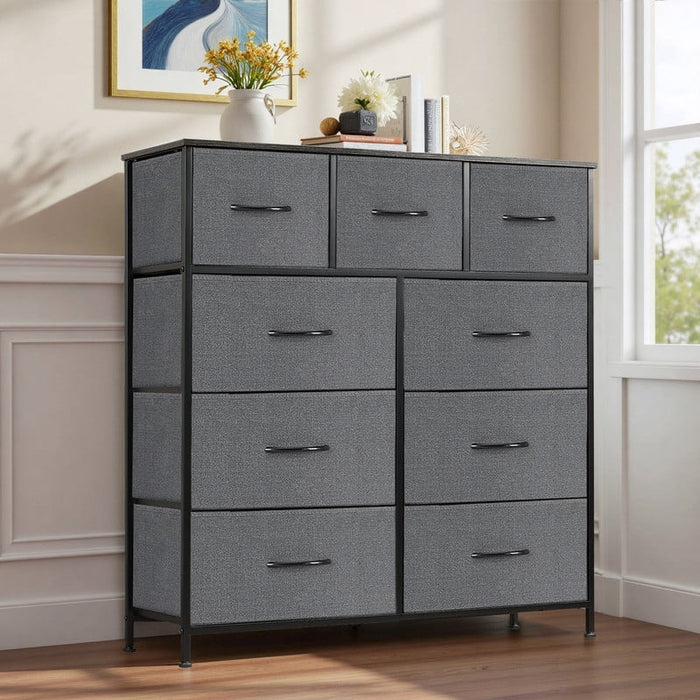 Ethovia 9-Drawer Fabric Storage Dresser, Sturdy Steel Frame with Wooden Tabletop, Wide Foldable Bins, Perfect for Bedroom, Hallway, and Entryway, Gray