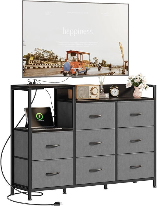 Simenmax 47 Inch TV Stand with Charging Station, Entertainment Center with 8 Fabric Drawers, Media Console Table for Living Room, Bedroom, Hallway,Gray