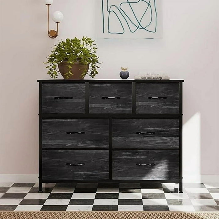Betcozy 7-Drawer Fabric Dresser, Horizontal TV Stand & Main Bedroom Clothes Storage Unit, Metal Frame with Wooden Top, Black