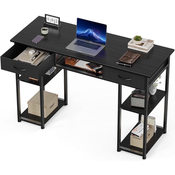 Small Desk with Drawers, Modern Study Writing Table Computer Desks with Storage Bag & Hook for Bedroom Home Office
