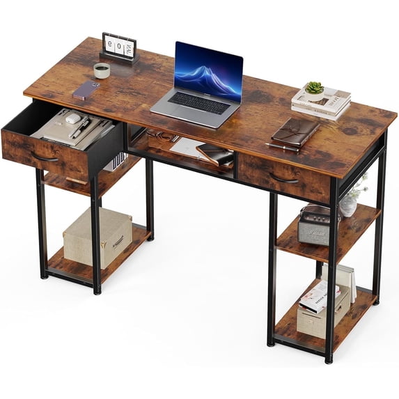 Small Desk with Drawers, Modern Study Writing Table Computer Desks with Storage Bag & Hook for Bedroom Home Office