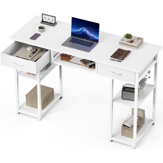 Small Desk with Drawers, Modern Study Writing Table Computer Desks with Storage Bag & Hook for Bedroom Home Office